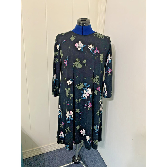 J Jill Wearever Collection Midi Dress Small Black FLoral Long Sleeve Ponte Knit - Picture 1 of 10